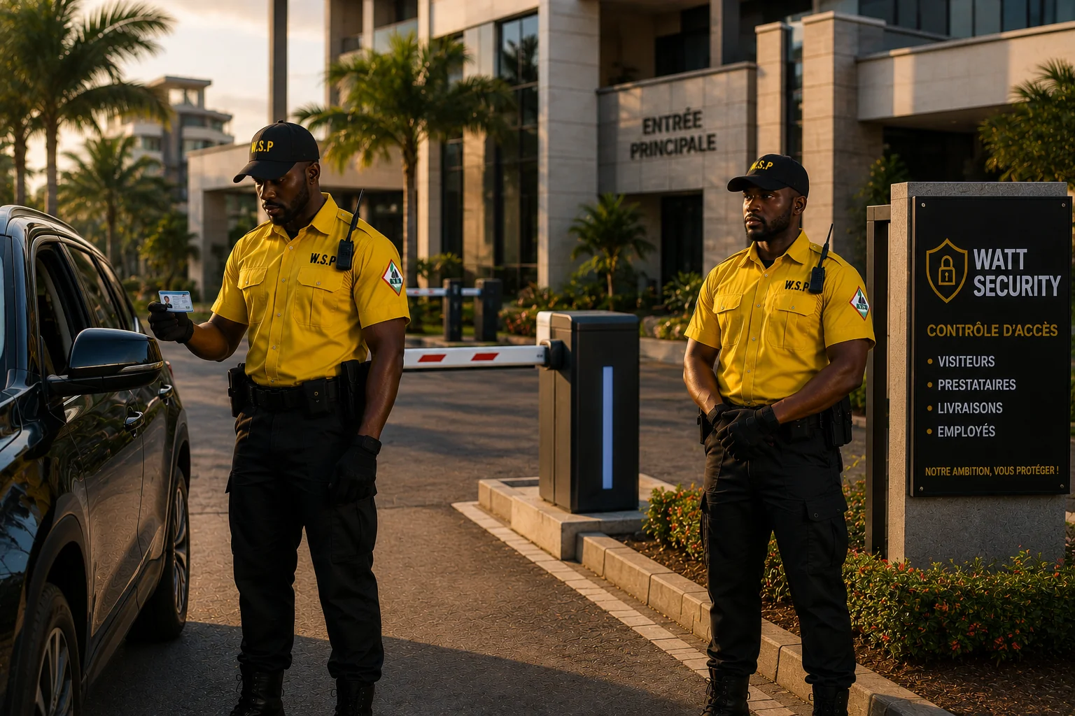 Agent Watt Security vérifiant la pièce d'identité d'un visiteur à un point de contrôle d'accès