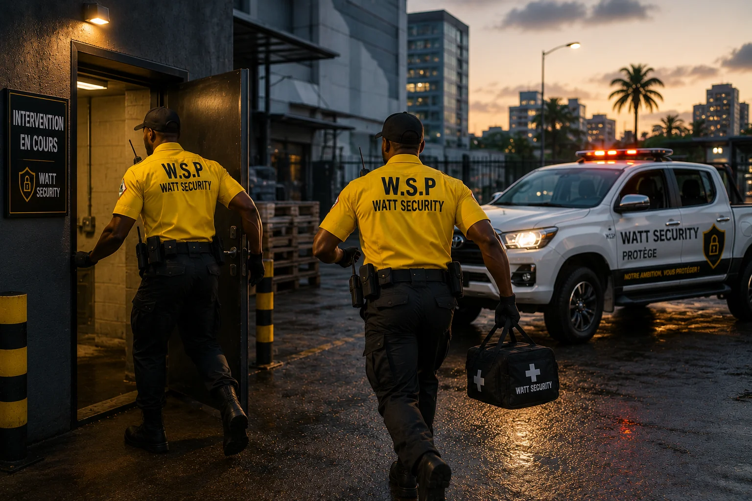 Agents Watt Security de dos se dirigeant vers un site en intervention, matériel d'urgence en main