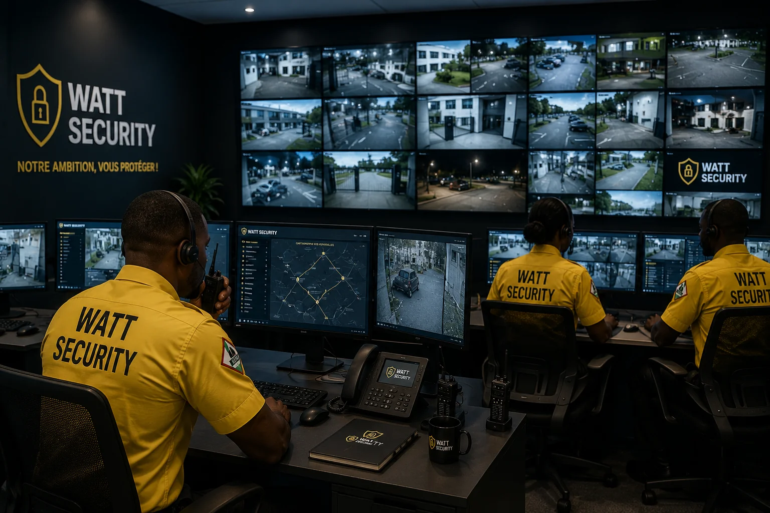 Opérateurs Watt Security supervisant un mur d'écrans de vidéosurveillance dans le centre de contrôle