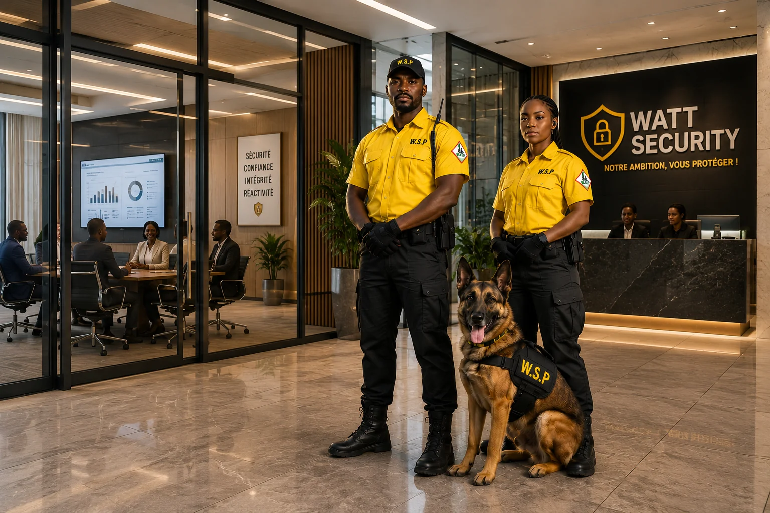 Deux agents Watt Security et leur chien K9 postés dans le hall d'entrée moderne d'un immeuble de bureaux