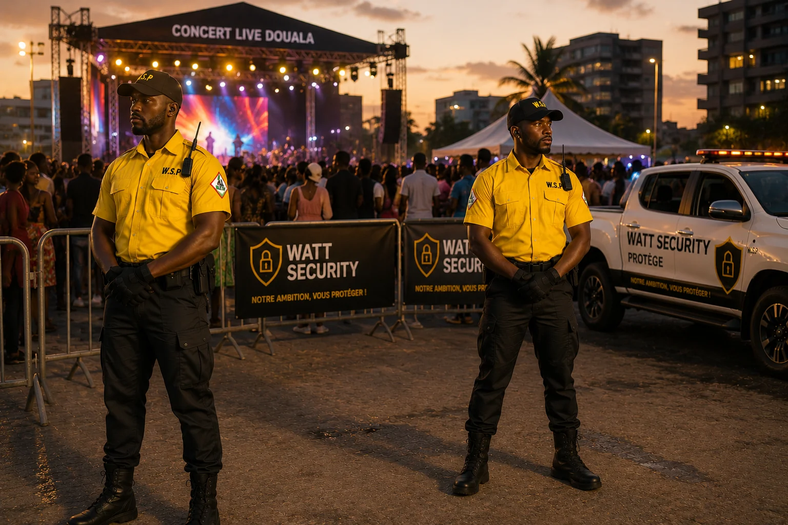 Agents Watt Security postés en sécurité à l'entrée d'un événement avec scène et public en arrière-plan