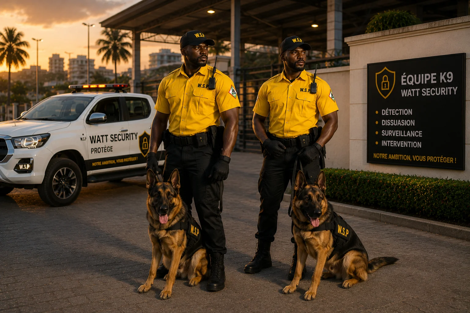 Deux équipes cynophiles Watt Security, maîtres-chiens et chiens K9, postées côte à côte