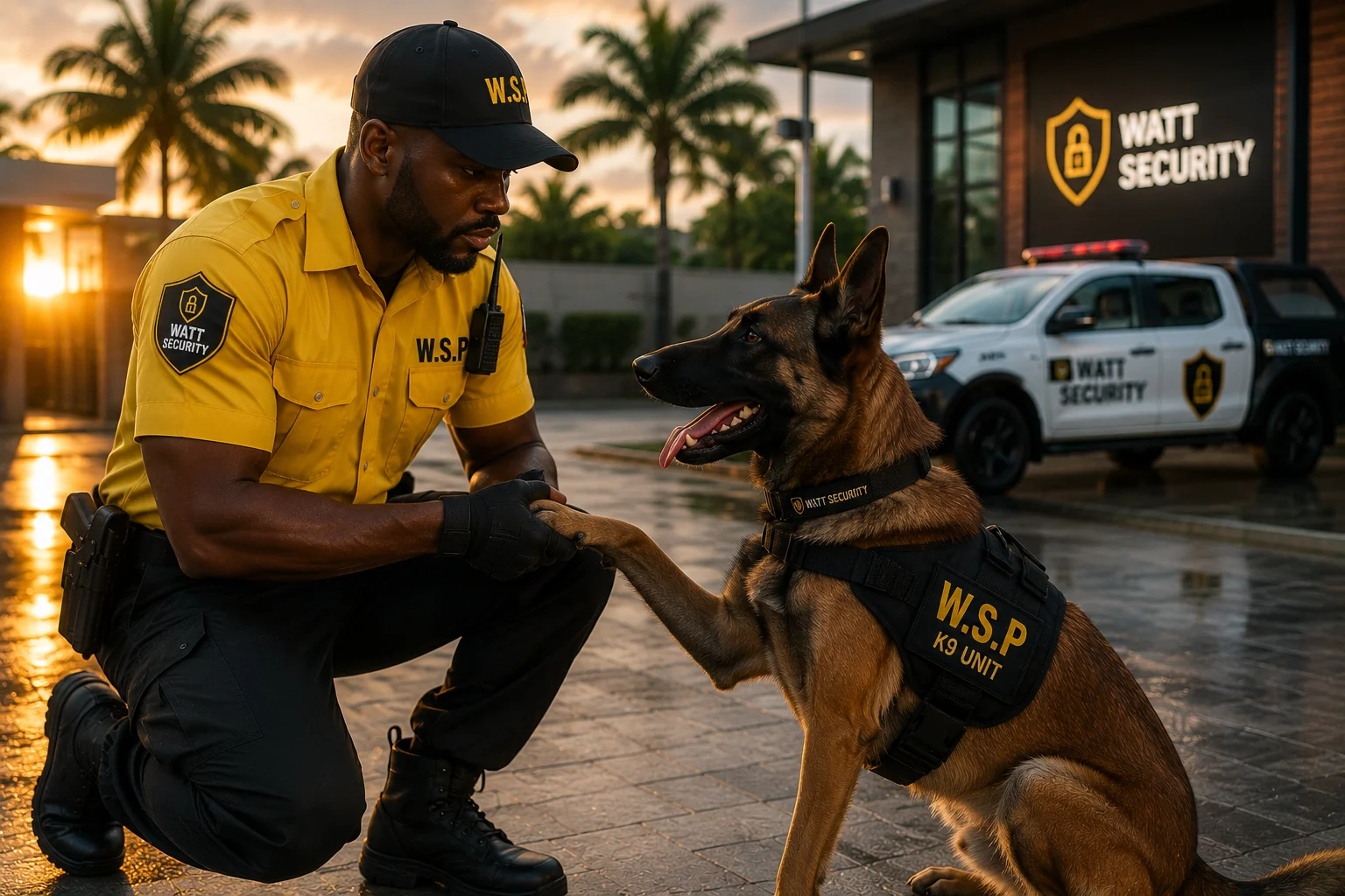 Maître-chien Watt Security agenouillé serrant la patte de son chien K9 équipé d'un harnais « W.S.P K9 Unit », au coucher du soleil devant les locaux et un véhicule de patrouille Watt Security