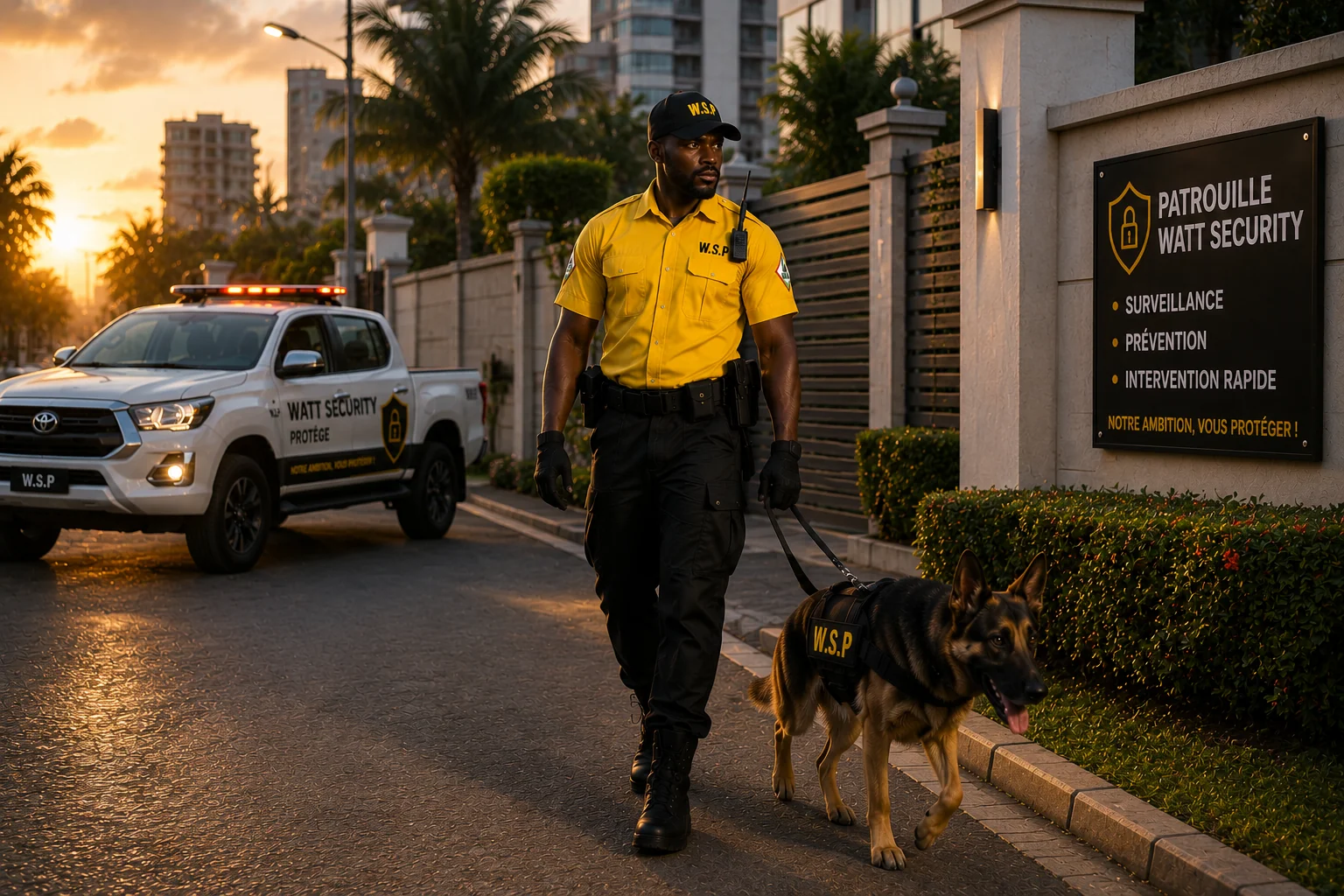 Agent Watt Security et son chien K9 effectuant une ronde de sécurité en soirée