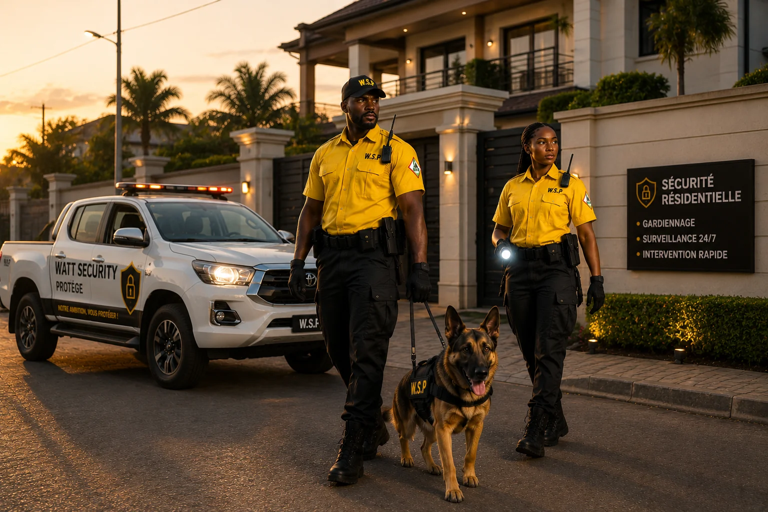 Agents Watt Security et chien K9 en patrouille devant l'entrée d'une résidence privée