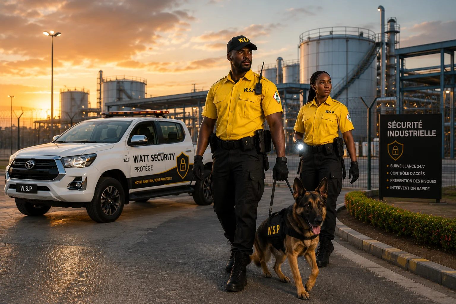 Agents Watt Security et chien K9 en ronde devant un site industriel au lever du jour